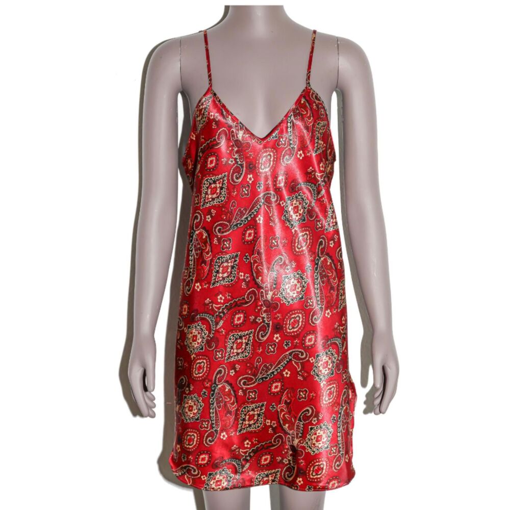 Red Paisley Satin Slip Mini Dress Cami V Neck Boho Y2K Party 90s Summer Large